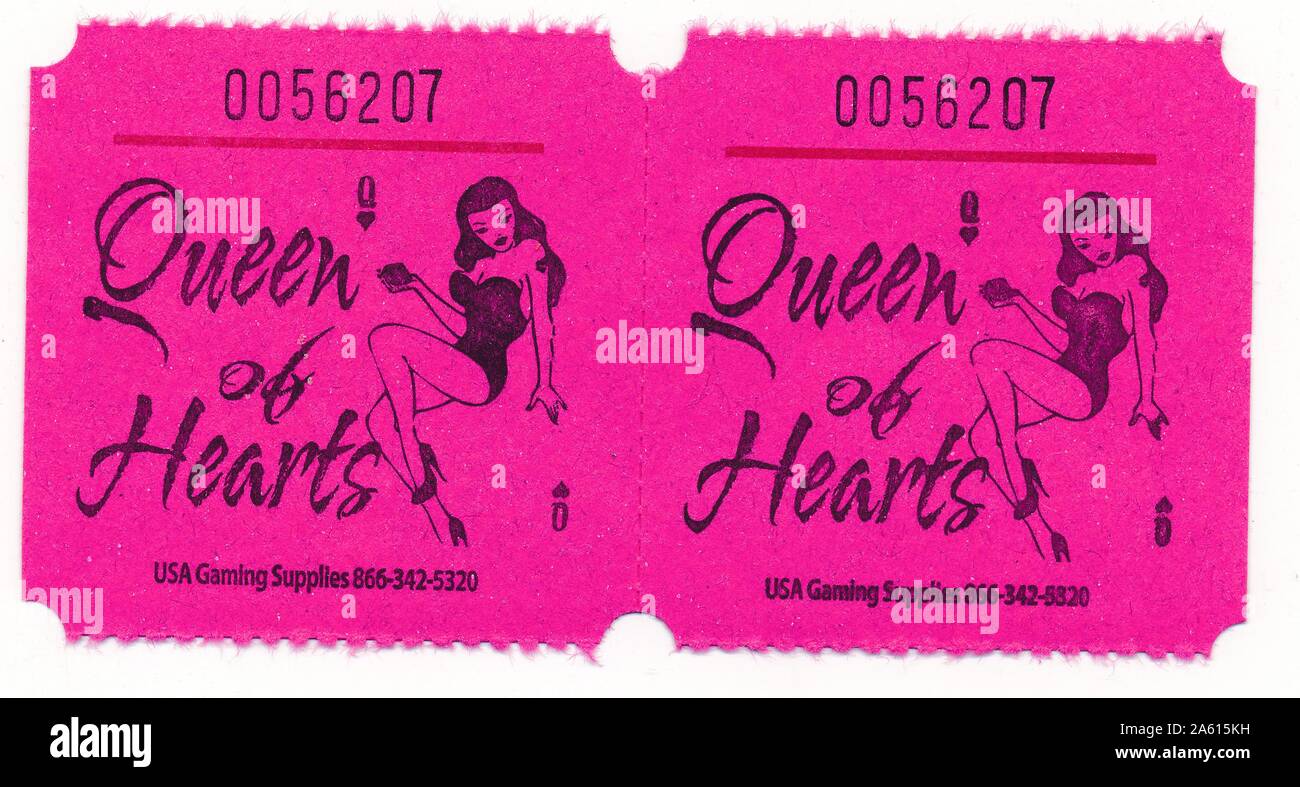 Two attached halves of a 'Queen of Hearts' progressive raffle ticket, with images of a pin-up style girl holding a deck of cards, manufactured for fundraising raffles by USA Gaming Supplies, United States of America, 1960. () Stock Photo