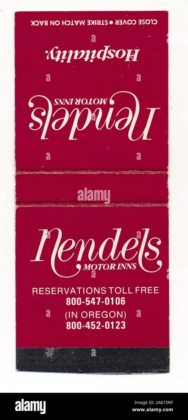 Both sides of a matchbook cover advertising 'Nendels Motor Inns, ' Oregon, 1960. () Stock Photo