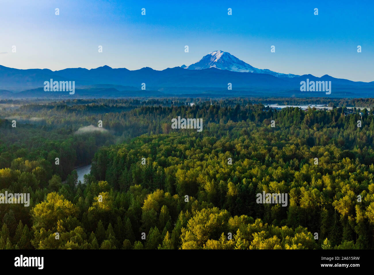 Aerial view of Mount Rainier at sunrise, Washington State, United States of America, North America Stock Photo