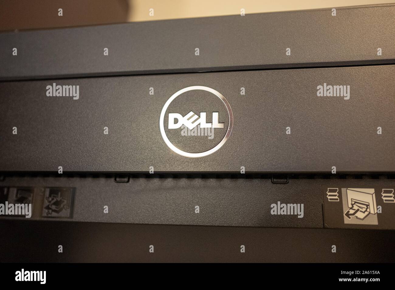 Close-up of logo for Dell computers on a computer peripheral in an office, August 21, 2019. () Stock Photo