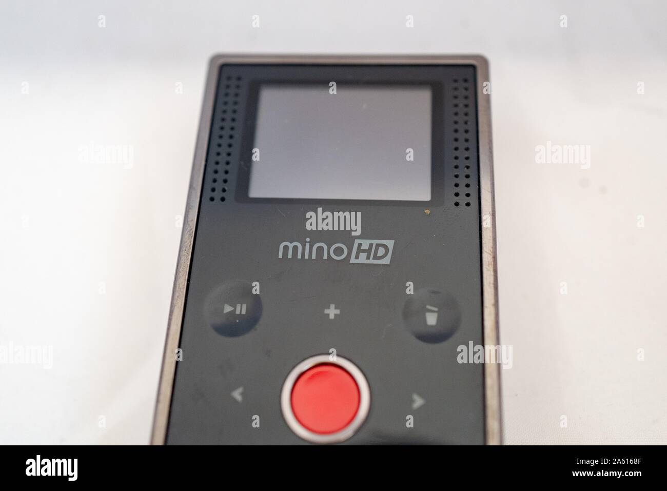 Close-up of screen and control buttons for on Flip Video Mino HD miniature camcorder, ca 2008, among the first High Definition miniature camcorders, on a white background, August 27, 2019. () Stock Photo