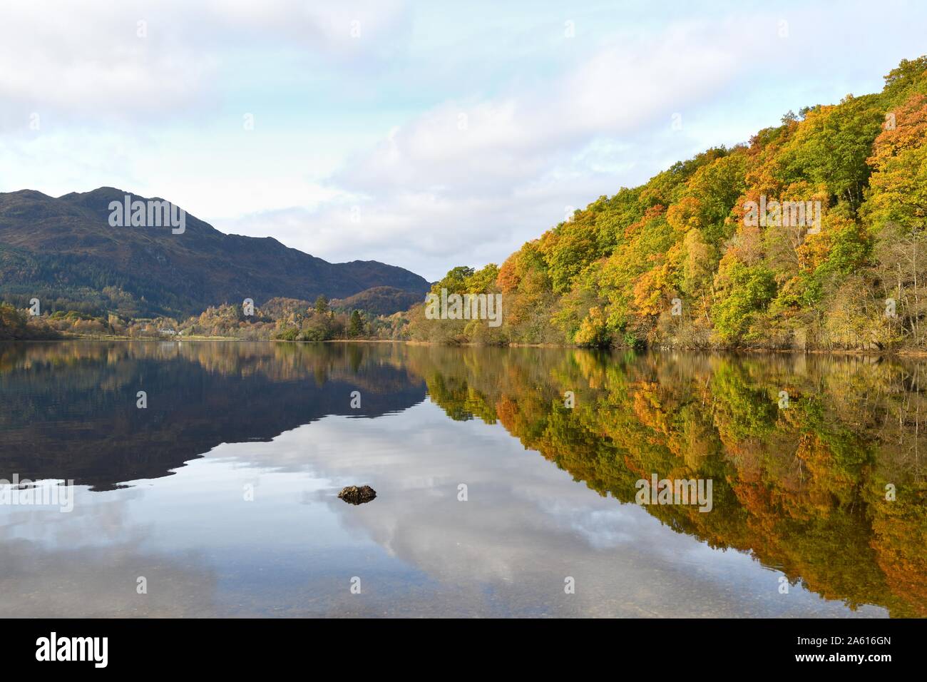Scenic view showing Autumn colours along Loch Achray toward Ben Venue in the Trossachs, Stirlingshire, Scotland, UK Stock Photo