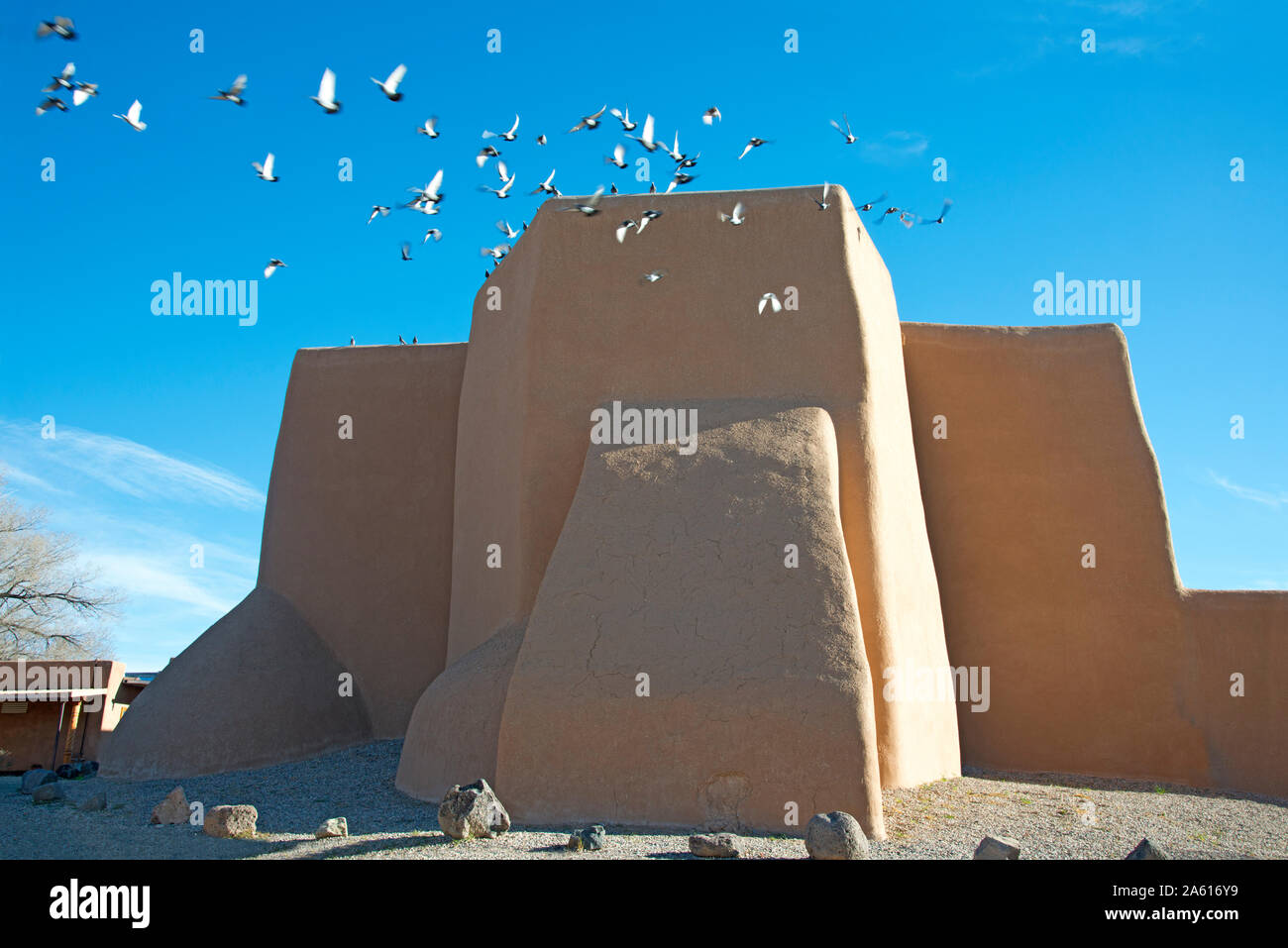 Flock of pigeons flying from the historic adobe San Francisco de Asis church in Taos, New Mexico, United States of America, North America Stock Photo