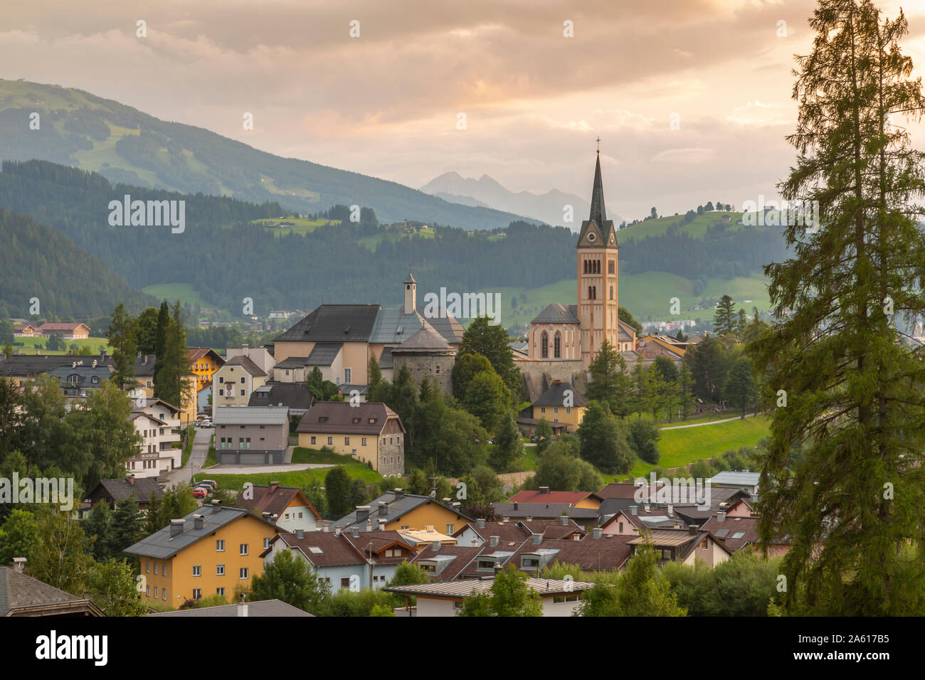 View of Radstadt and church of Maria Unbefleckte Empfangnis, Styria, Austrian Tyrol, Austria, Europe Stock Photo