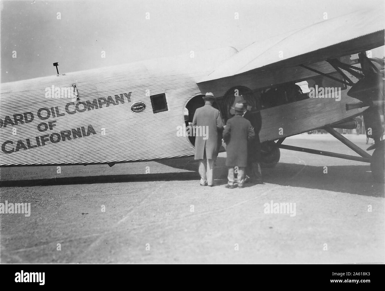 Ford Trimotor aircraft, branded as Standard Oil Number 1 and used to promote Standard Oil of California's aviation fuels, at Mills Field (now Oakland International Airport), Oakland, California, 1929. () Stock Photo