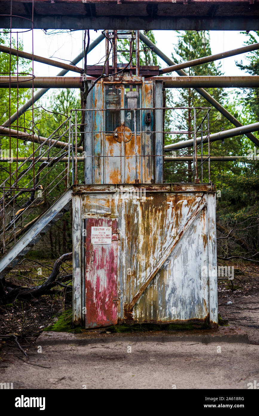 rusty abandoned lift to the top of duga radar in Pripyat, Chernobyl Stock Photo