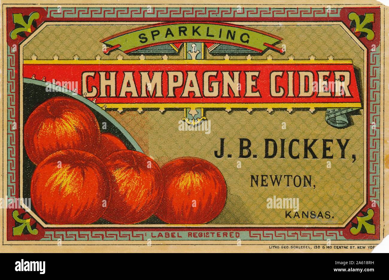 Label from a package of 'Sparkling Champagne Cider, ' with an image of red  apples, produced by JB Dickey, Newton, Kansas, 1895 Stock Photo - Alamy