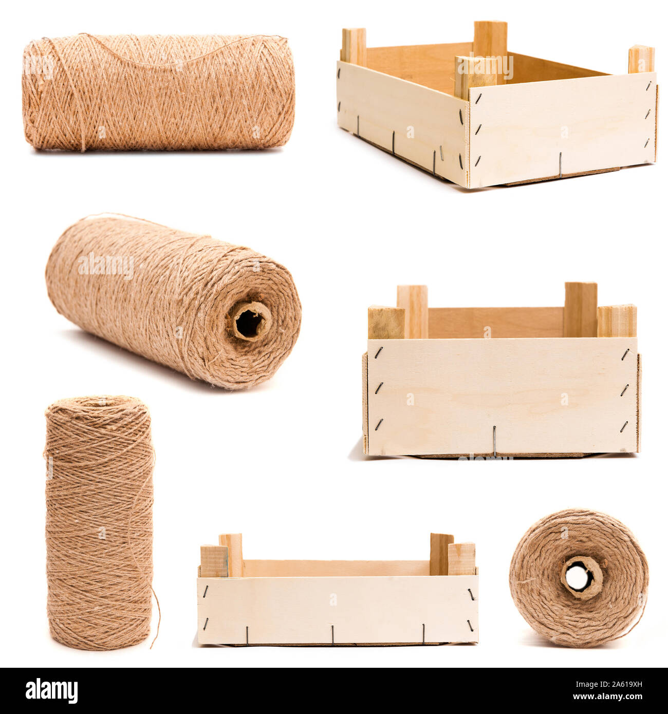 Collection of different wooden empty box isolated and roll of twine isolated on white background Stock Photo