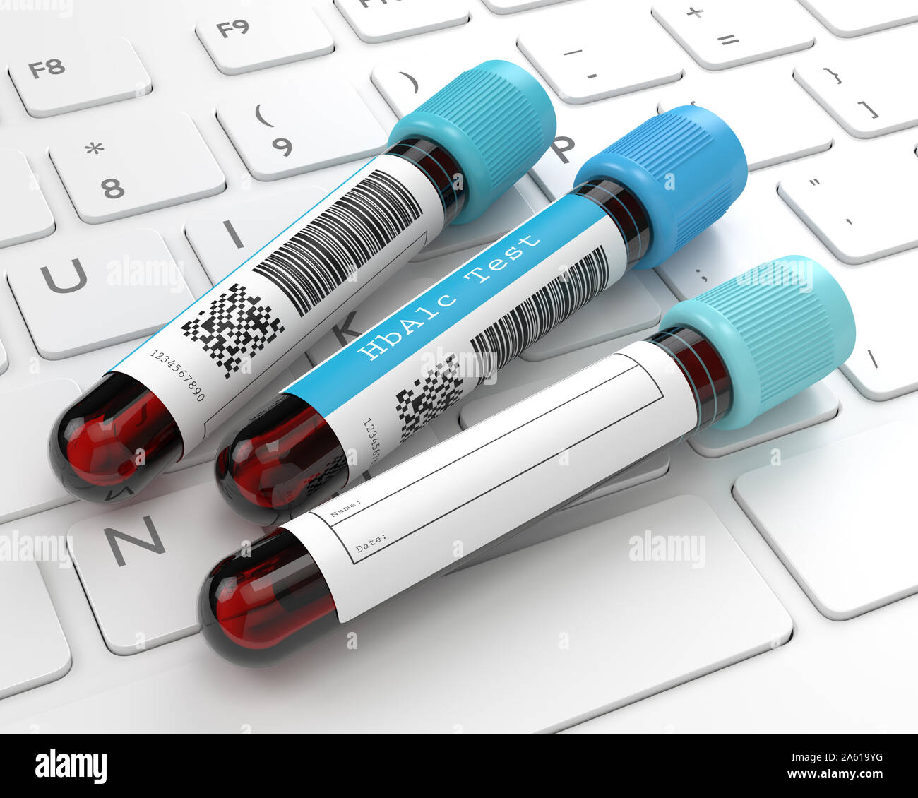 3d render of HbA1c blood tubes lying on computer keyboard. Test for