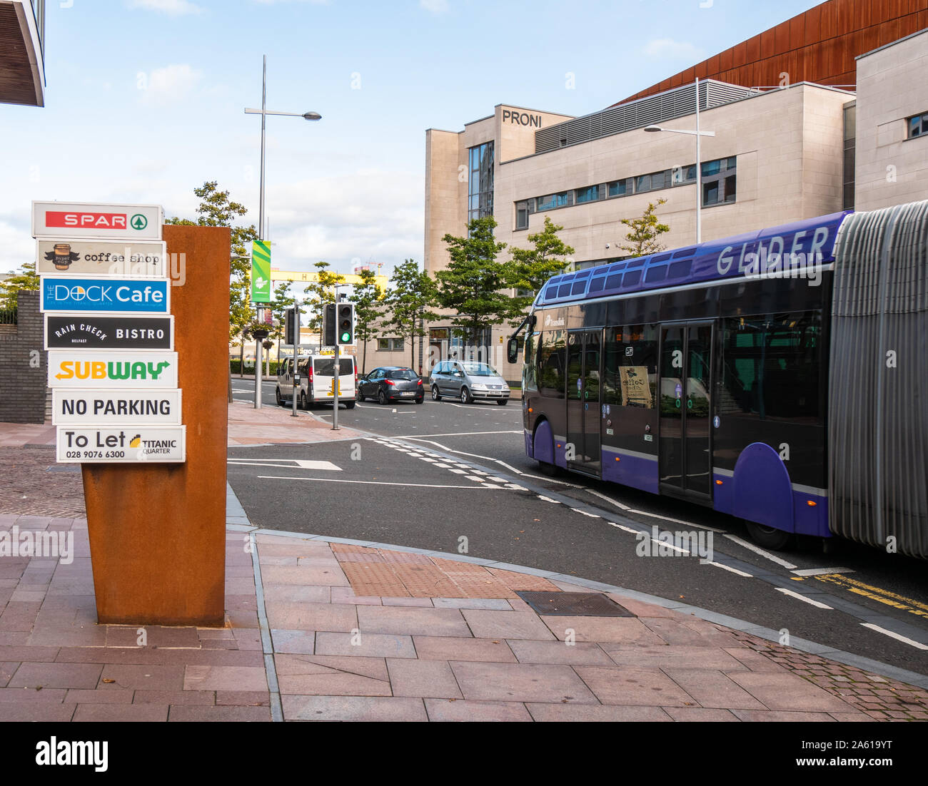 Glider Bus travelling on Queens Road, Titanic Quarter, Belfast Stock