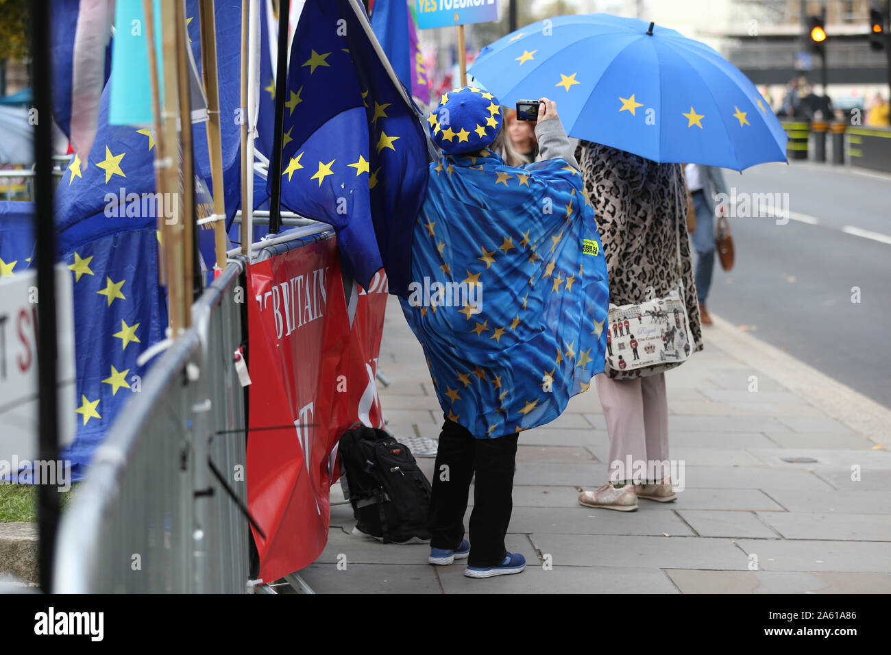 Anti-Brexit demonstrator outside the Houses of Parliament, Westminster, London. PA Photo. Picture date: Wednesday October 23, 2019. See PA story POLITICS Brexit. Photo credit should read: Jonathan Brady/PA Wire Stock Photo