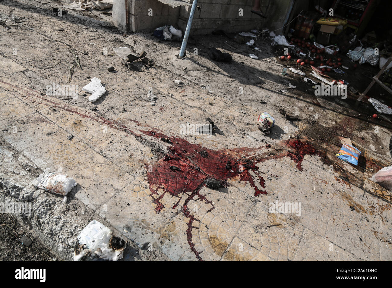 Suluk, Syria. 23rd Oct, 2019. A general view of blood stains on the ground after an attack by a car bomb at a popular market which resulted in the death of three people, while several others were injured. Credit: Anas Alkharboutli/dpa - ATTENTION: graphic content/dpa/Alamy Live News Stock Photo