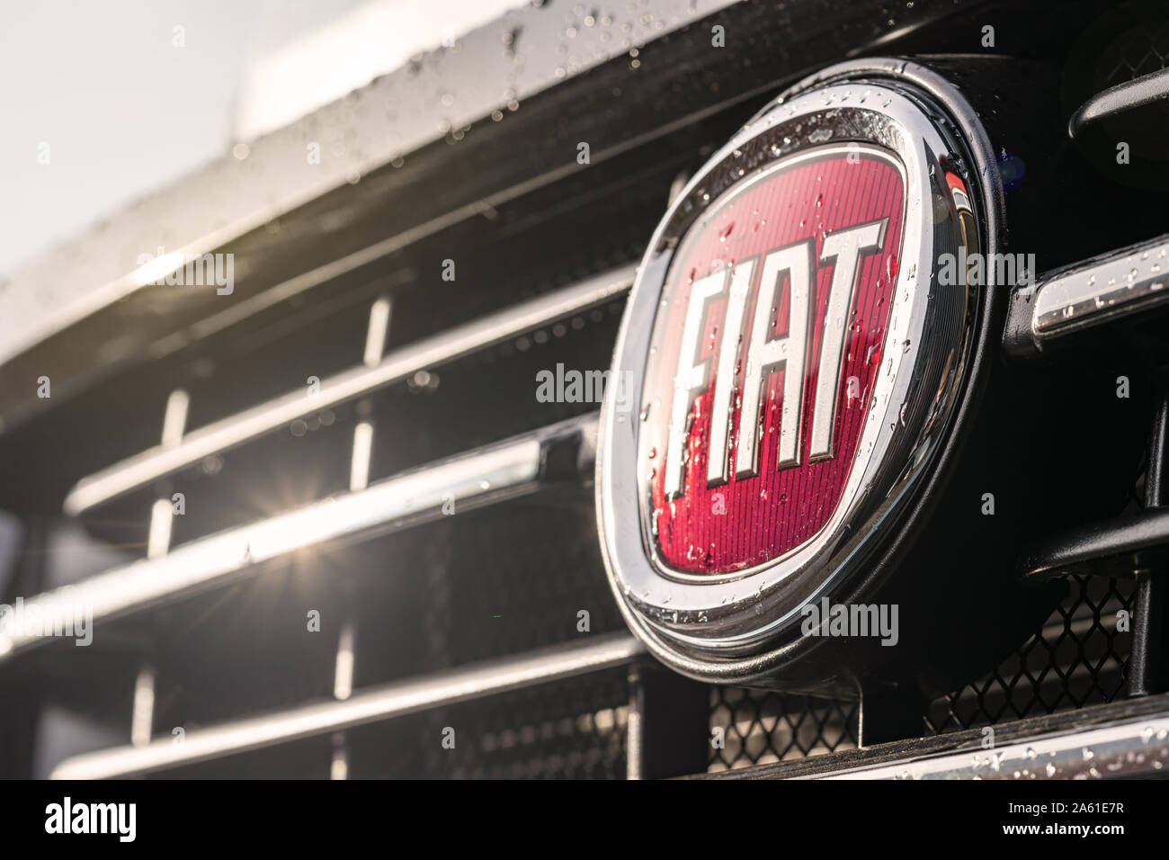 Krasnoyarsk, Russia, October 20, 2019: Fiat logo- emblem of the Italian manufacturer on the grille of the truck Ducato. world auto brand of passenger Stock Photo