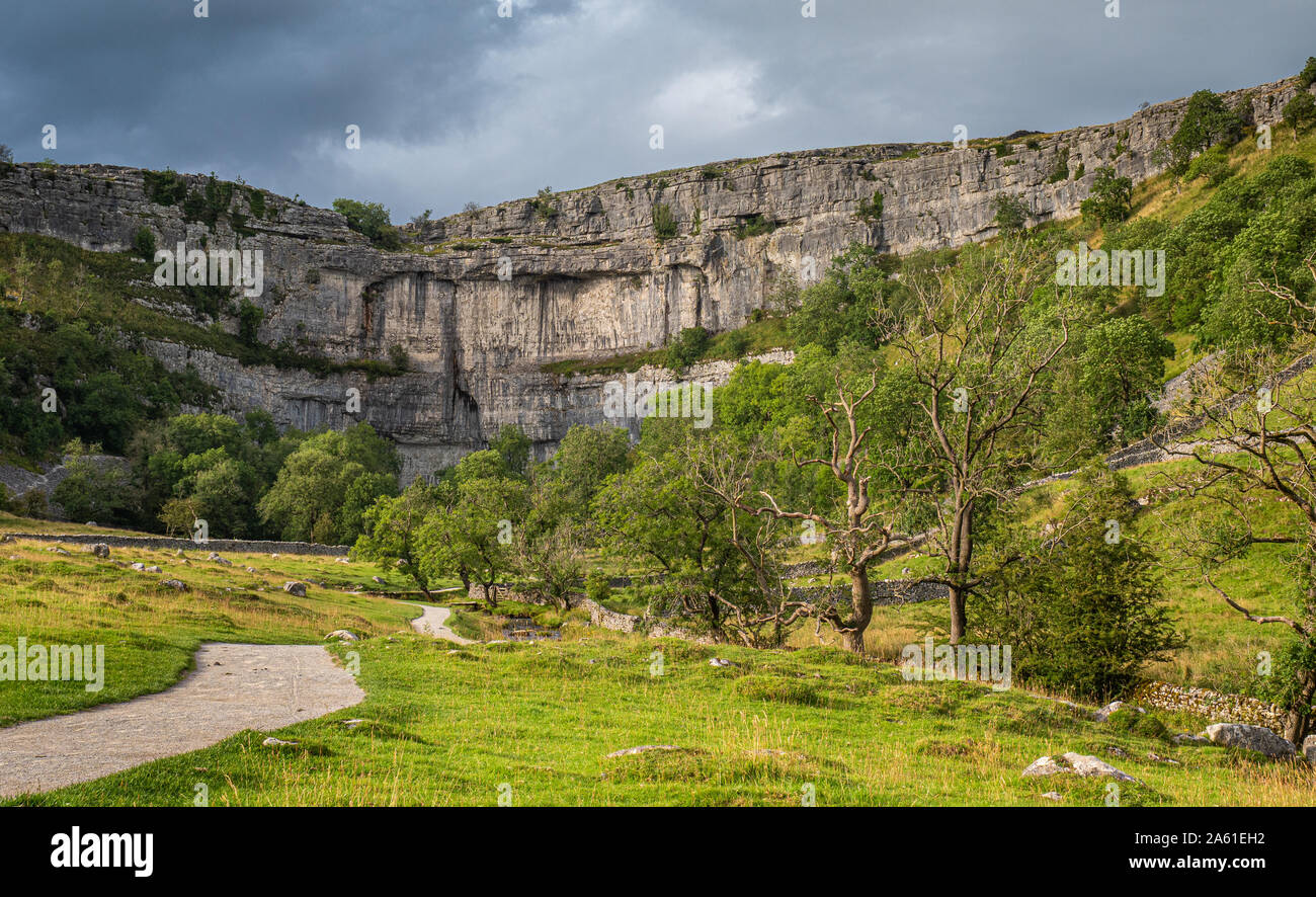 Malham Cove is a limestone formation in Yorkshire Dales National Park, England. It was formed by a waterfall carrying meltwater from glaciers at the e Stock Photo