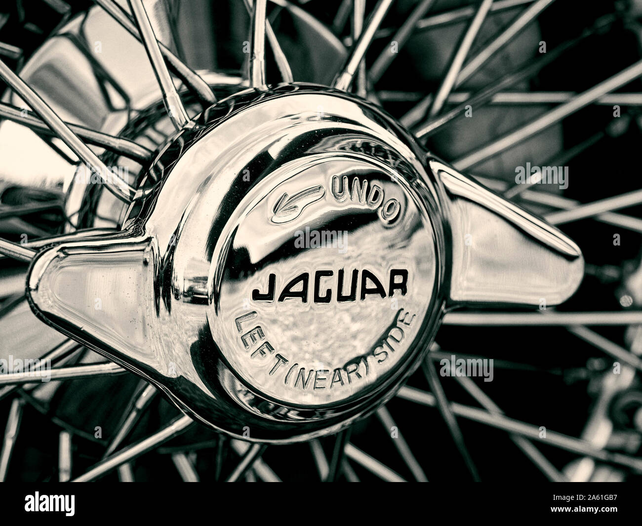 London, England - June 02, 2019: Detail of Jaguar E Type Wheel Spinner, a two door British made sports car produced between 1961 and 1975. Stock Photo