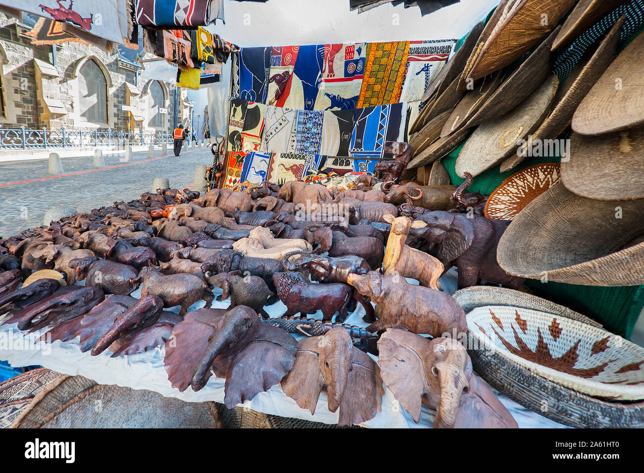 African art & crafts displays for sale in the art shop of Cape Town, South Africa Stock Photo