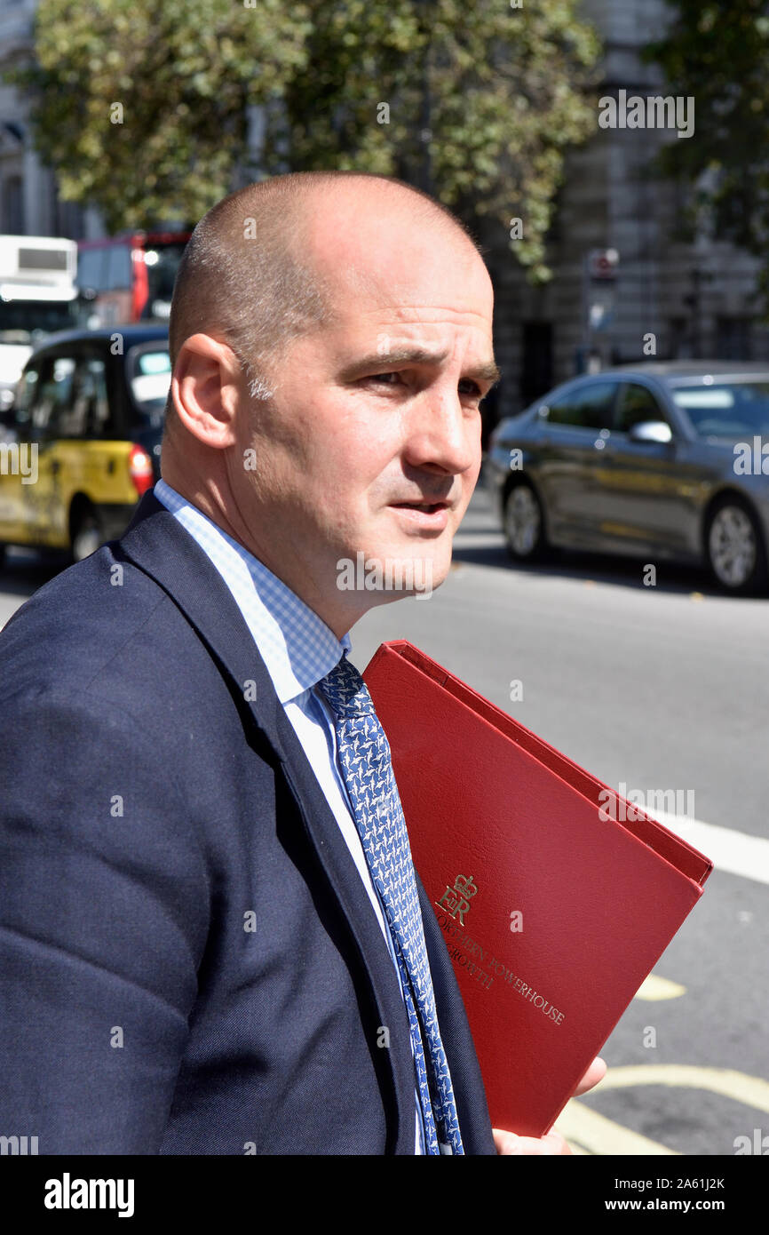 Jake Berry MP (Con: Rossendale and Darwen) Minister for the Northern Powerhouse and Local Growth, leaving the Cabinet Office, August 2019 Stock Photo