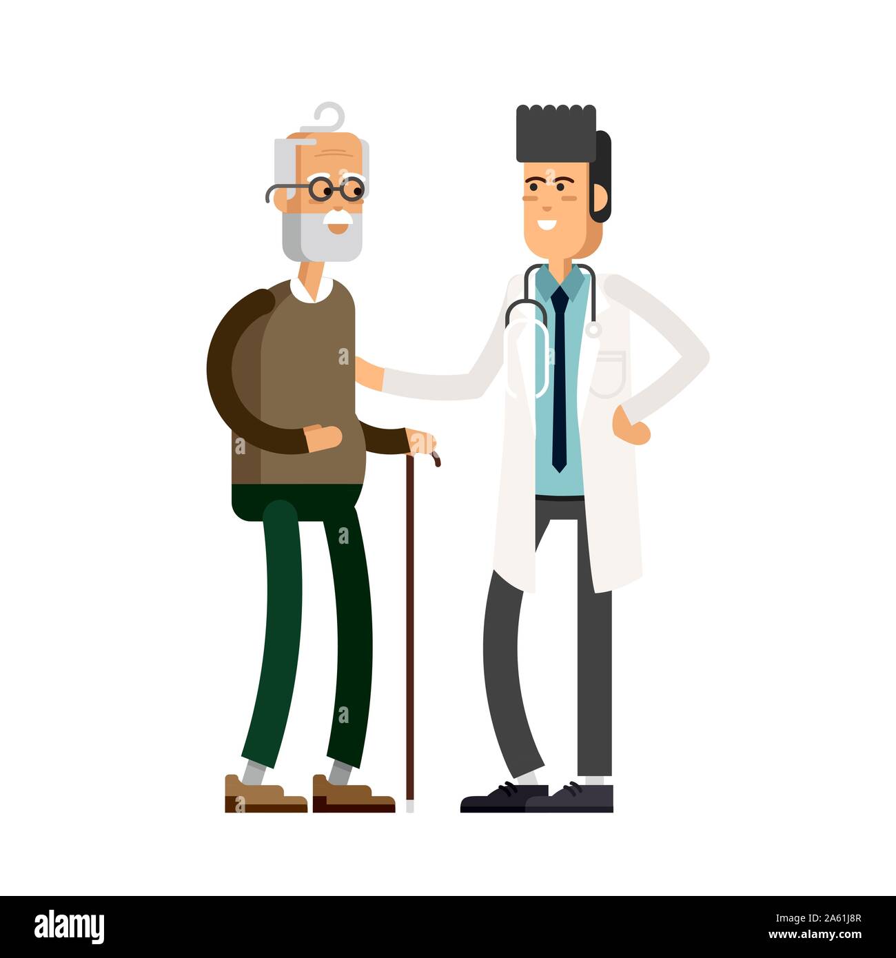 Young male doctor helping a elderly man with a cane. Vector illustration of a flat design Stock Vector