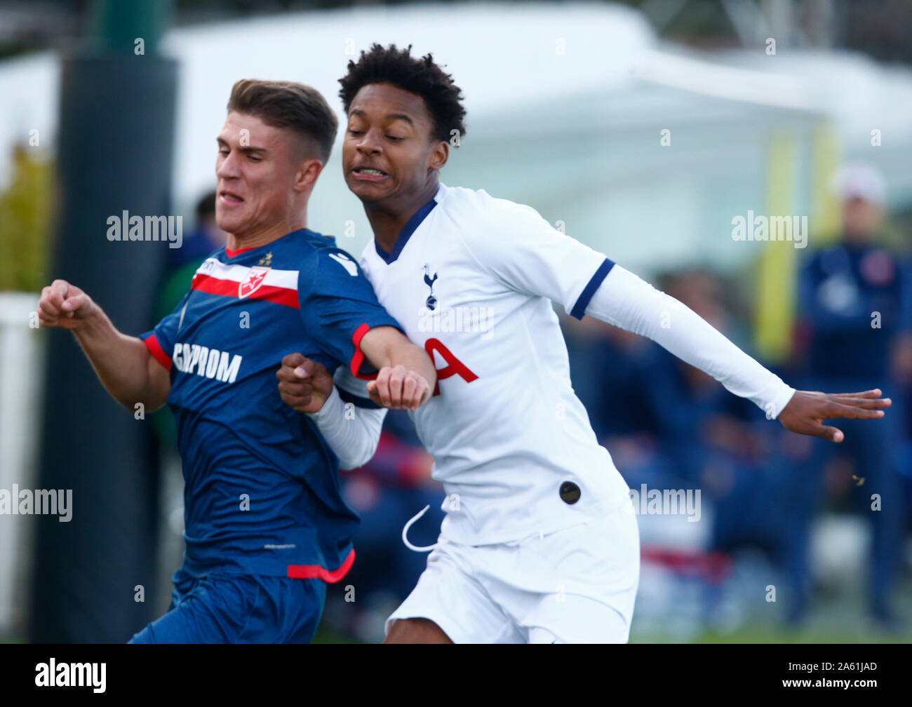 ENFIELD, ENGLAND. OCTOBER 22: L-R Stefan Mitrovic of Crvena zvezda ( Red Star Belgrade) and Lloyd Bennett J'Neil  of Tottenham Hotspur during UAFA You Stock Photo