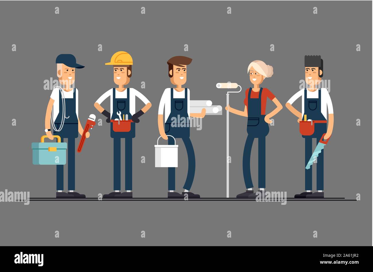 Construction team characters such as painter, electrician, carpenter, plumber, engineer. Group of construction workers building a house and friendly s Stock Vector