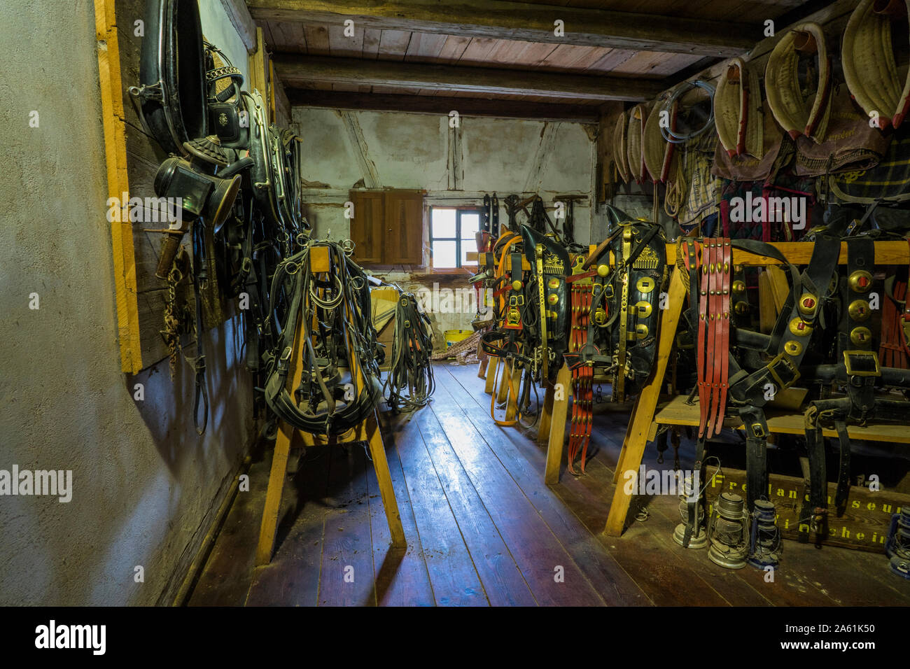 Bad Windsheim, Germany - 16 October 2019: Interior views of a german village house. View of colorful horse harness from a german farmer Stock Photo