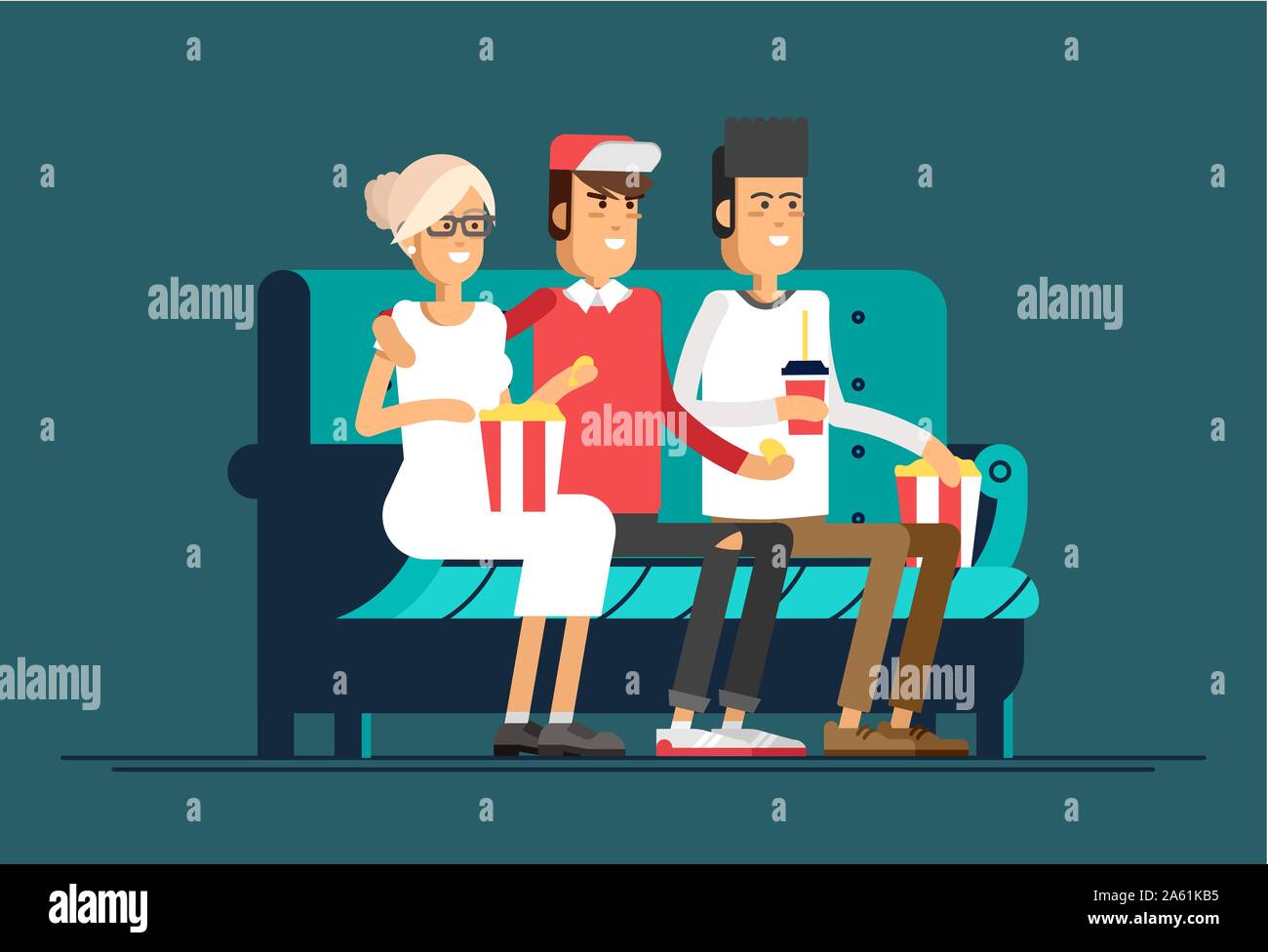 Young friends watching a movie. The youth sittin on cozy sofa against the TV in the home atmosphere and eating popcorn. Vector illustration in a flat Stock Vector