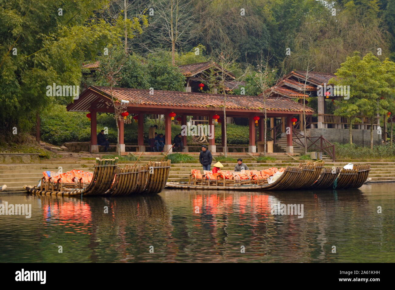 Docked bamboo rafts by pier of Wuyishan natural park, Fujian province Stock Photo