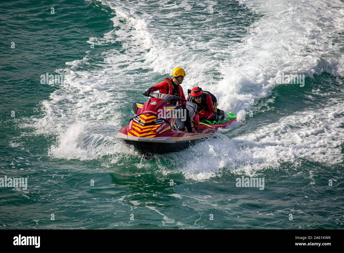 Coruna / Spain - October 23 2019: Spanish search and rescue team performing a practise drill  in Riazor Coruna Spain Stock Photo