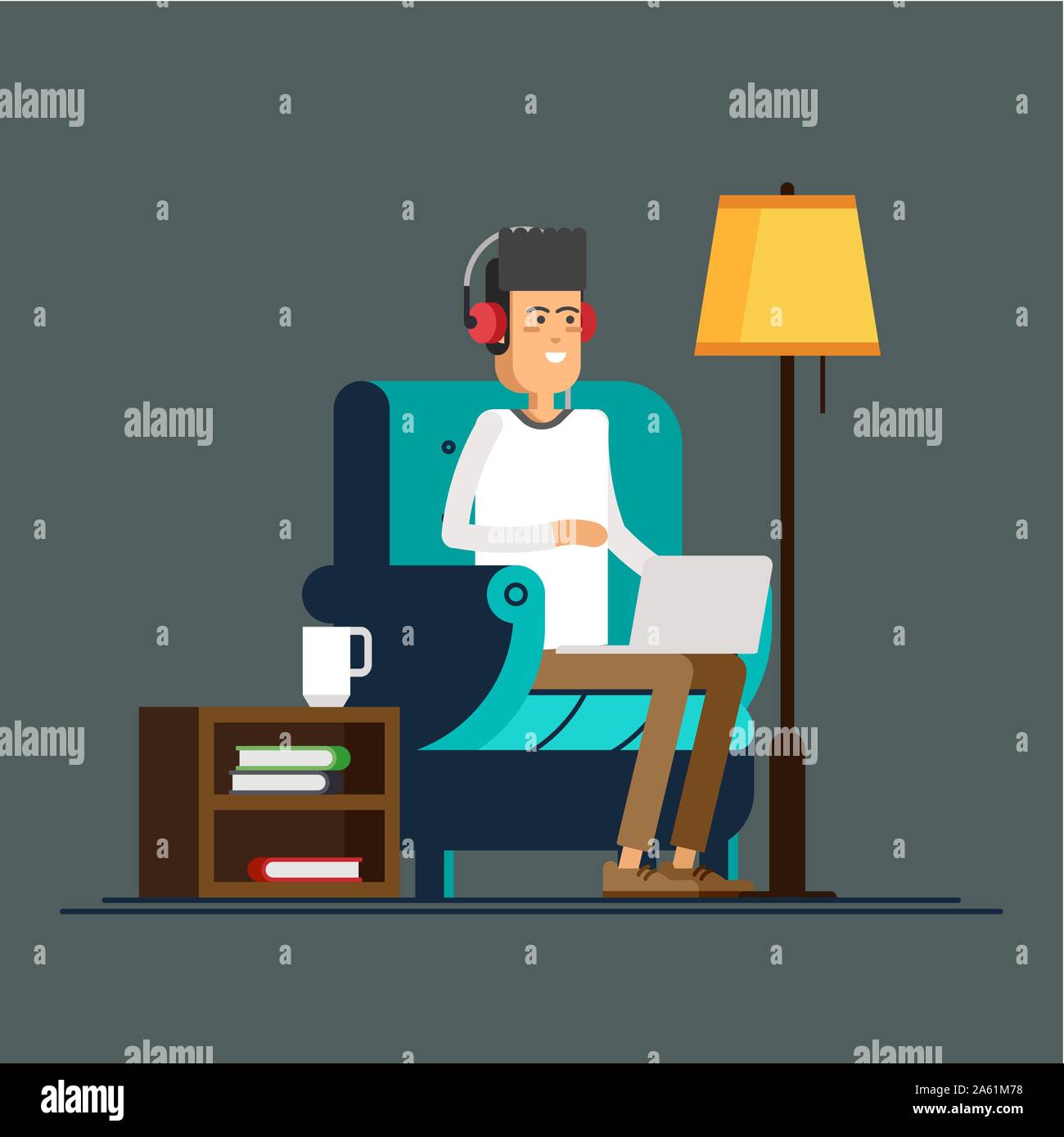 Young adult man working at home vector concept illustration. Freelancer character working from home with laptop sitting in cozy armchair with a cup of Stock Vector