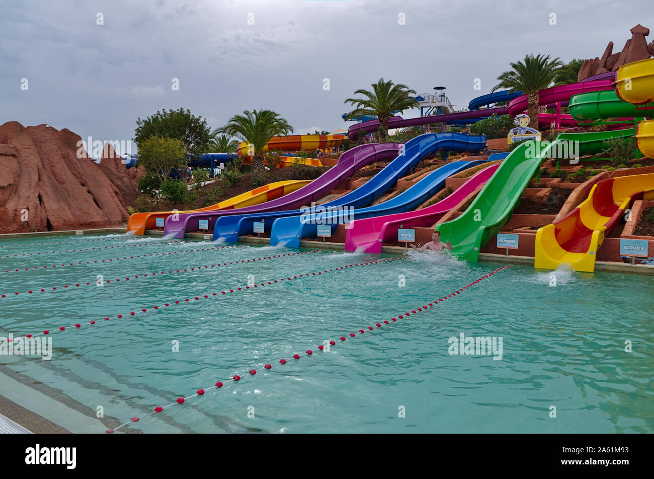 Slide and Splash water park, famous park and tourist attraction during summer season. In Lagoa, Algarve, Portugal Stock Photo
