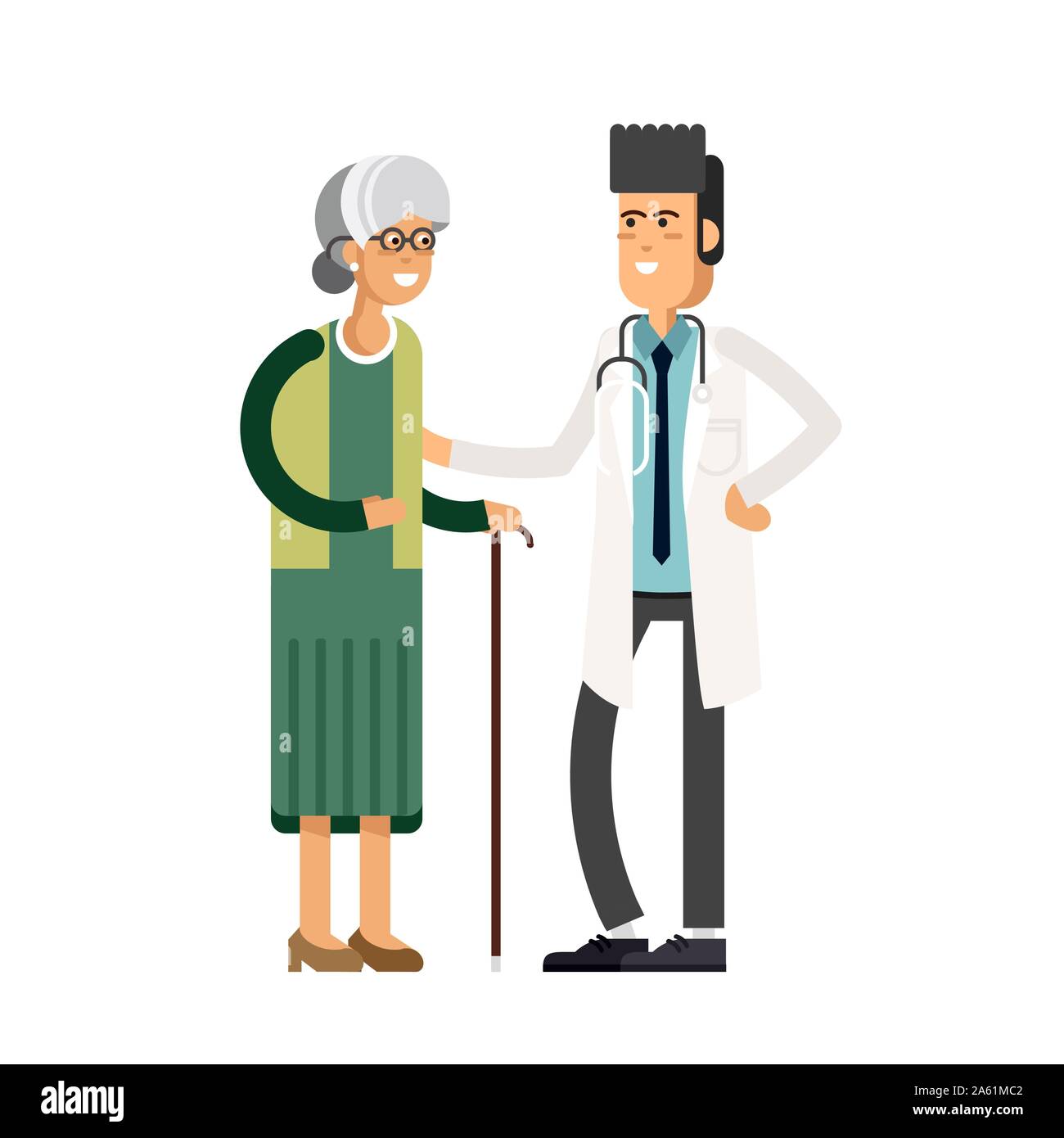 Young male doctor helping a elderly woman with a cane. Vector illustration of a flat design Stock Vector