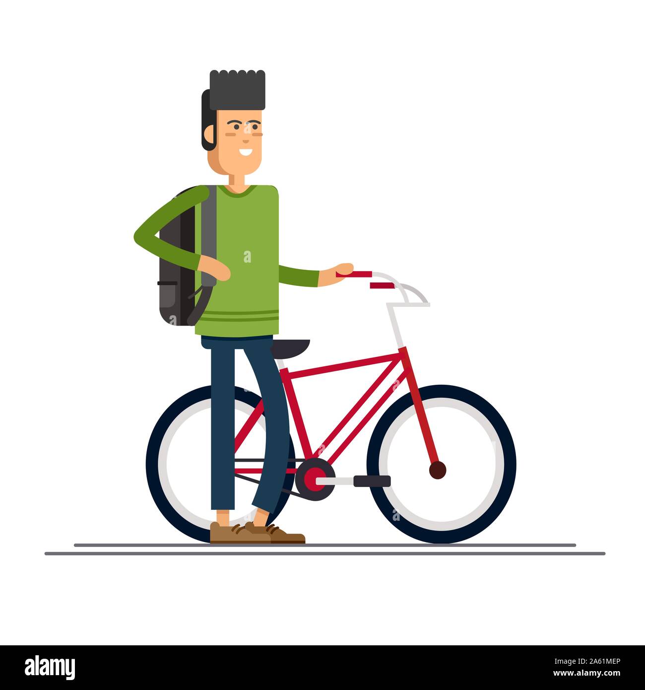 Hipster guy having fun riding bicycle with backpack . Guy having free time on weekend. Summer break outdoor recreation. Happy man riding bike. Vector Stock Vector