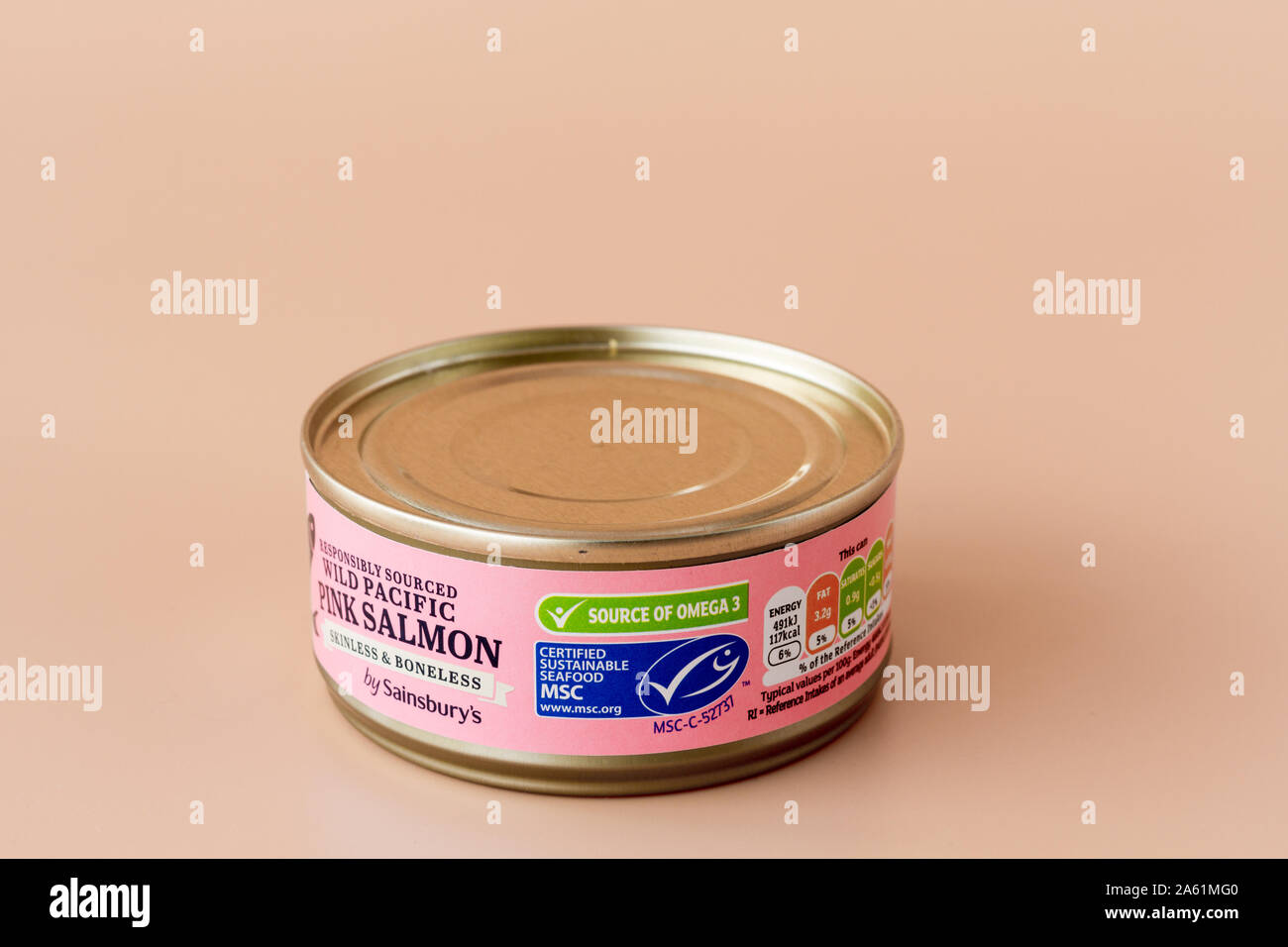 Tin of responsibly sourced wild pacific pink salmon by Sainsbury's. Source of omega 3. MSC label Stock Photo