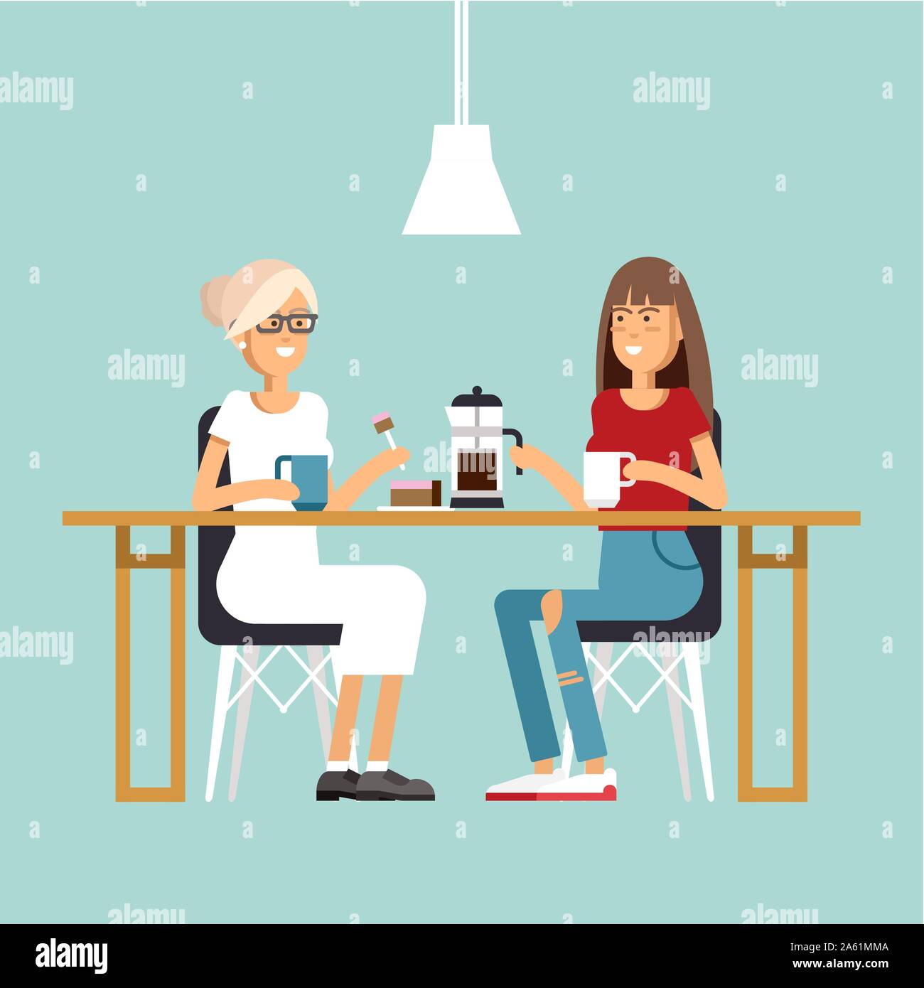 Vector flat illustration of two friend girls sitting at the coffee house. Young women chatting at cafe and drinking coffee and enjoying together Stock Vector