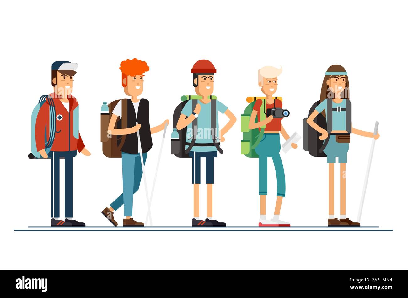 Set of female and male character, hiking tourists walk. A young people engaged in active sports. Vector illustration of a flat design Stock Vector