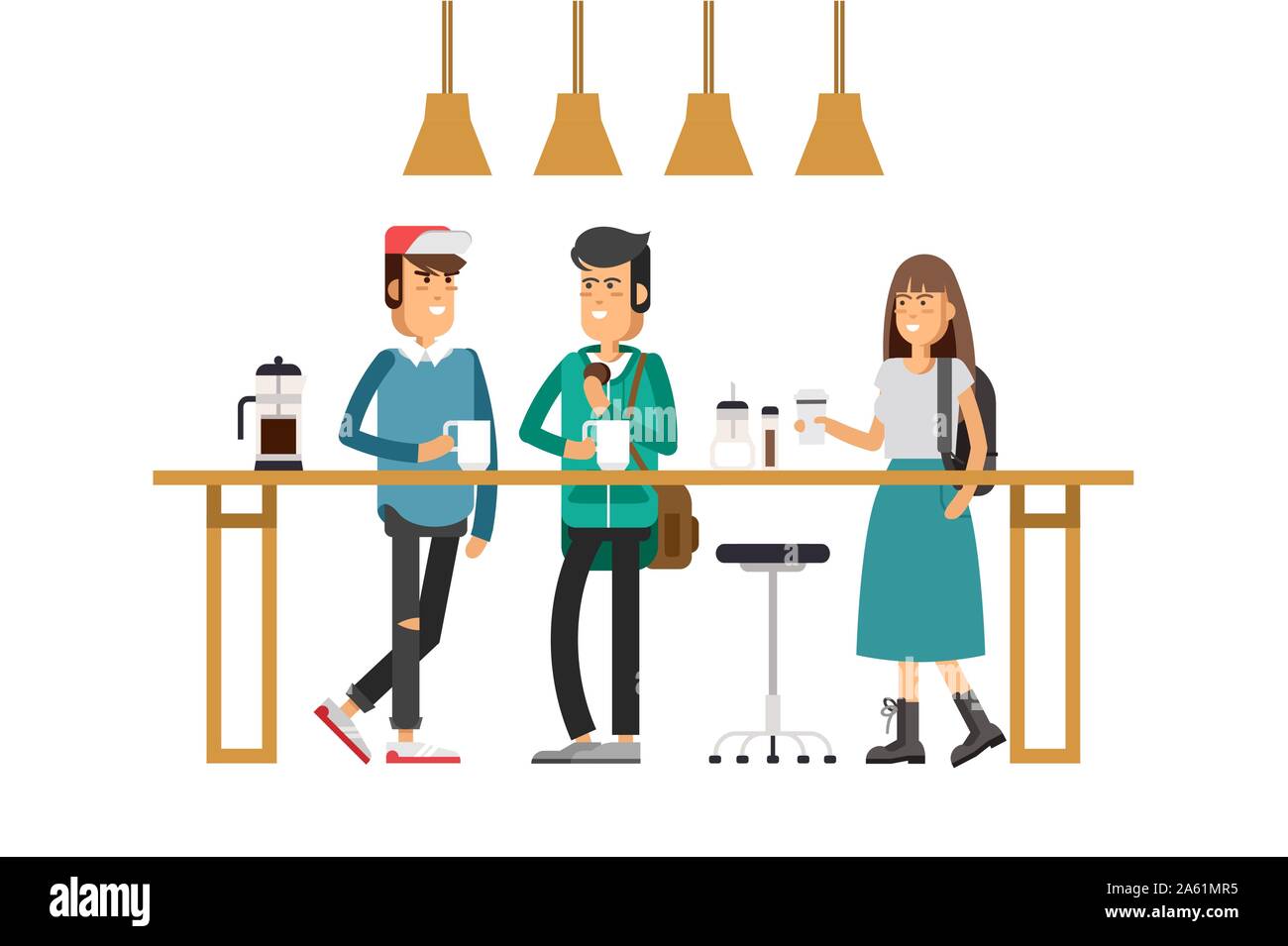 Vector flat illustration of friend sitting at the coffee house. Young people chatting at cafe and drinking coffee and enjoying together Stock Vector