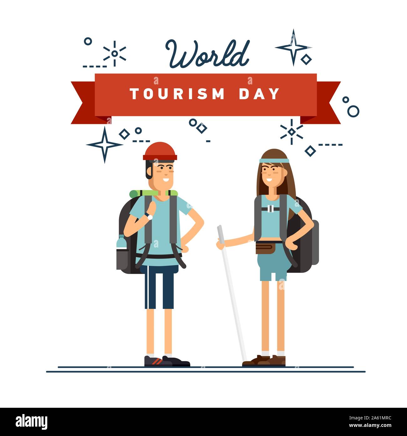 Couple of female and male character, hiking tourists walk. A young people engaged in active sport. Vector illustration of a flat design. World tourism Stock Vector