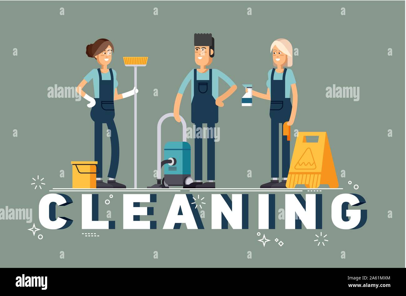 Cleaning company vector concept design. Cleaning staff characters with ...
