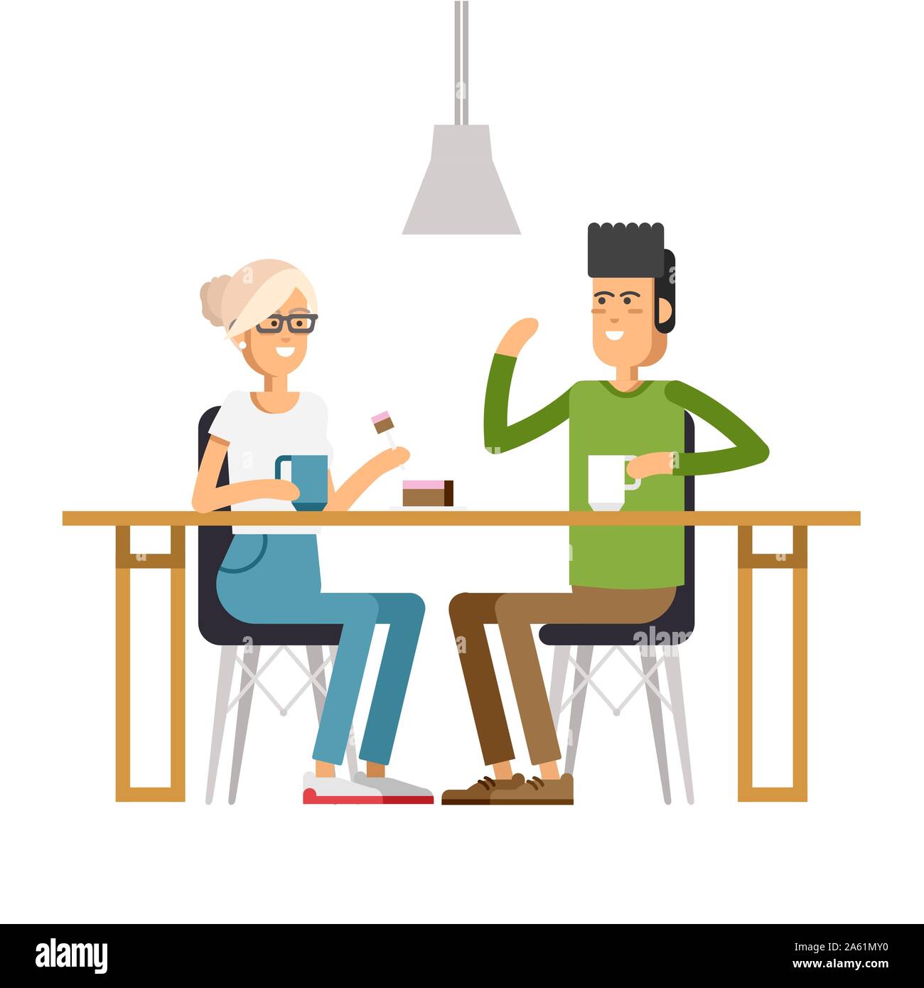 Vector flat illustration of two friend sitting at the coffee house. Young women and man chatting at cafe and drinking coffee and enjoying together Stock Vector