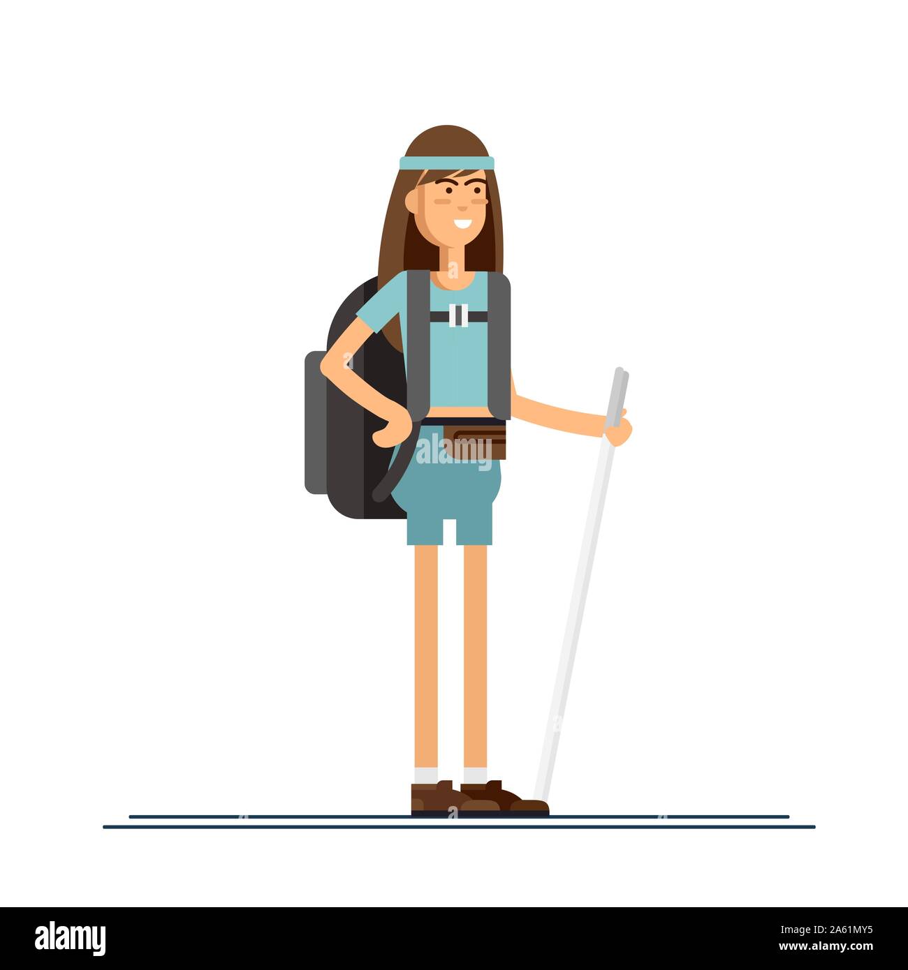 Femal character, hiking tourist walk. A young woman engaged in active sport. Vector illustration of a flat design Stock Vector