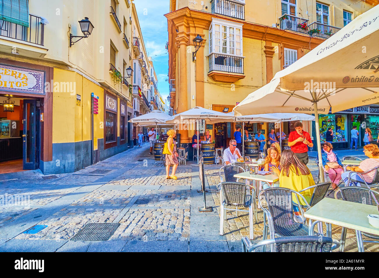 CADIZ, SPAIN - SEPTEMBER 19, 2019: The Traditional restaurants in old Cadiz offer delicious dishes of mediterranean and Andalusian cuisine, on Septemb Stock Photo