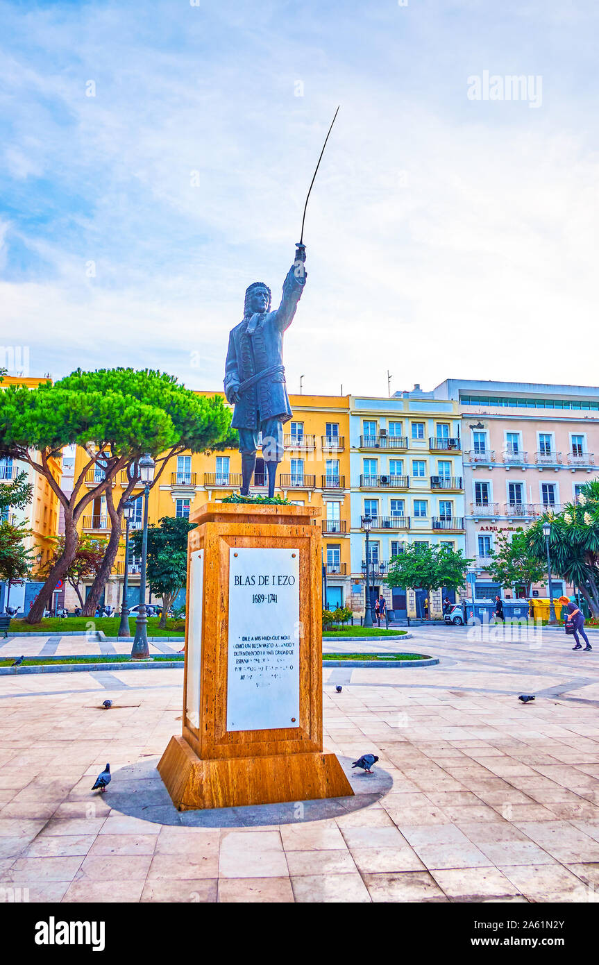 CADIZ, SPAIN - SEPTEMBER 19, 2019: The statue to De Blas De Lezo y Olavarrieta in small park along Paseo de Canalejas street, the famous Admiral of Im Stock Photo