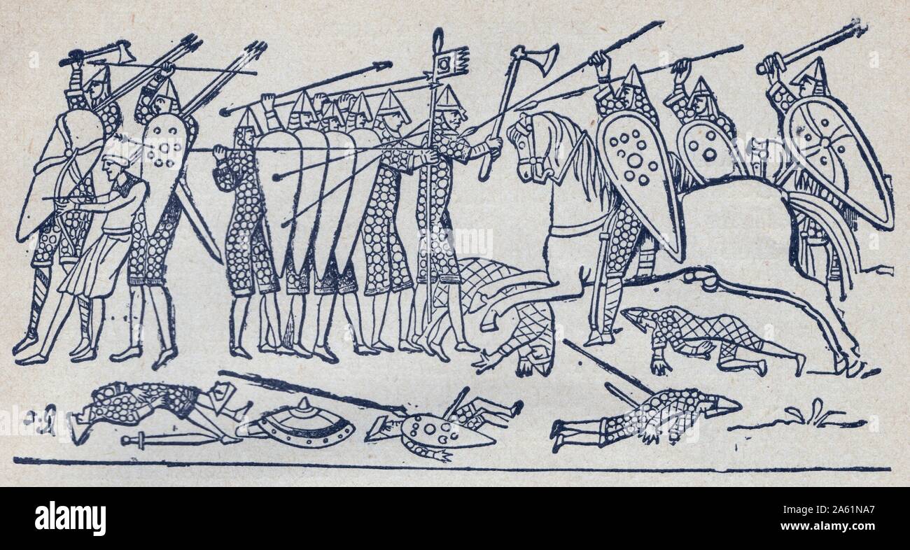 Bataille de Hastings. D'après la tapisserie de Bayeux, dite tapisserie de la Reine Mathilde. Stock Photo
