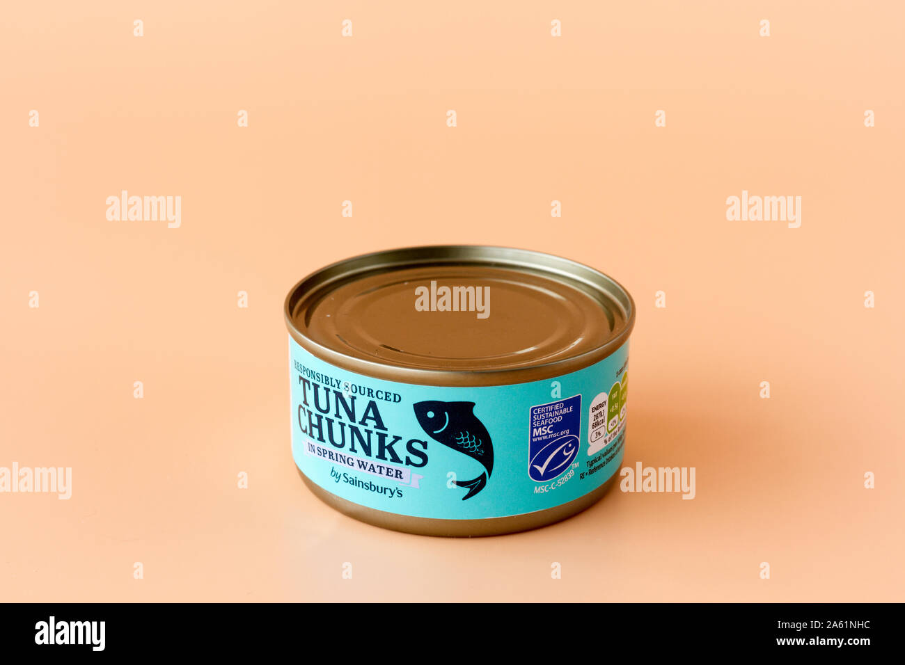 Small tin of responsibly sourced tuna chunks by Sainsbury's. MSC label Stock Photo