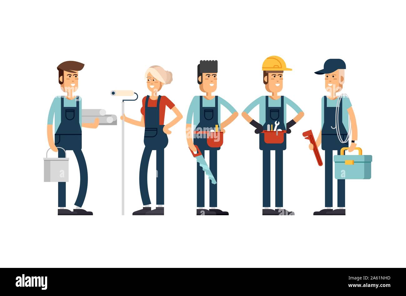 Construction team characters such as painter, electrician, carpenter, plumber, engineer. Group of construction workers building a house and friendly s Stock Vector