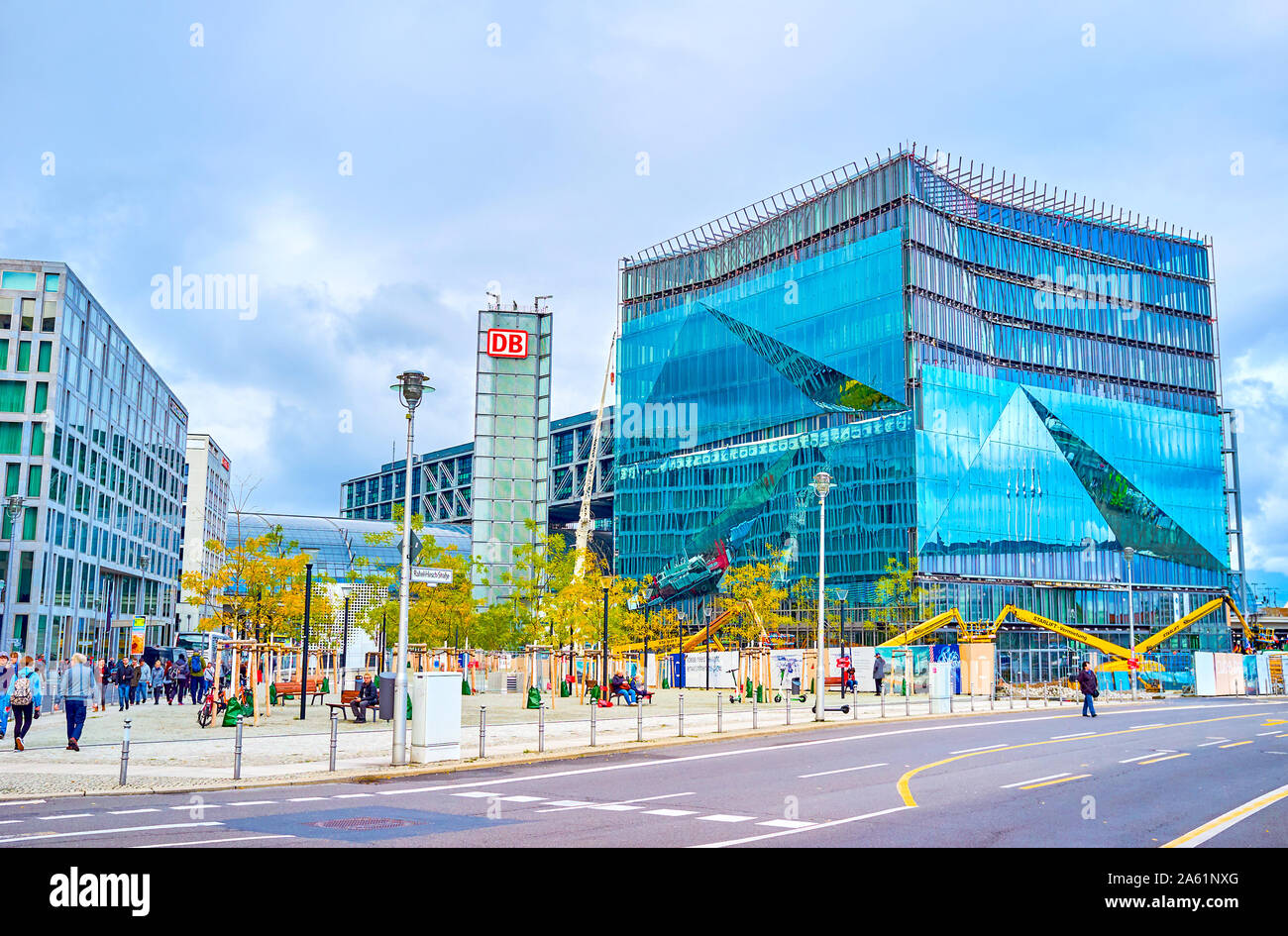 BERLIN, GERMANY - OCTOBER 3, 2019: The modern glass buildings of variety purposes at the Hauptbahnhof (Central railway station) area, on October 3 in Stock Photo