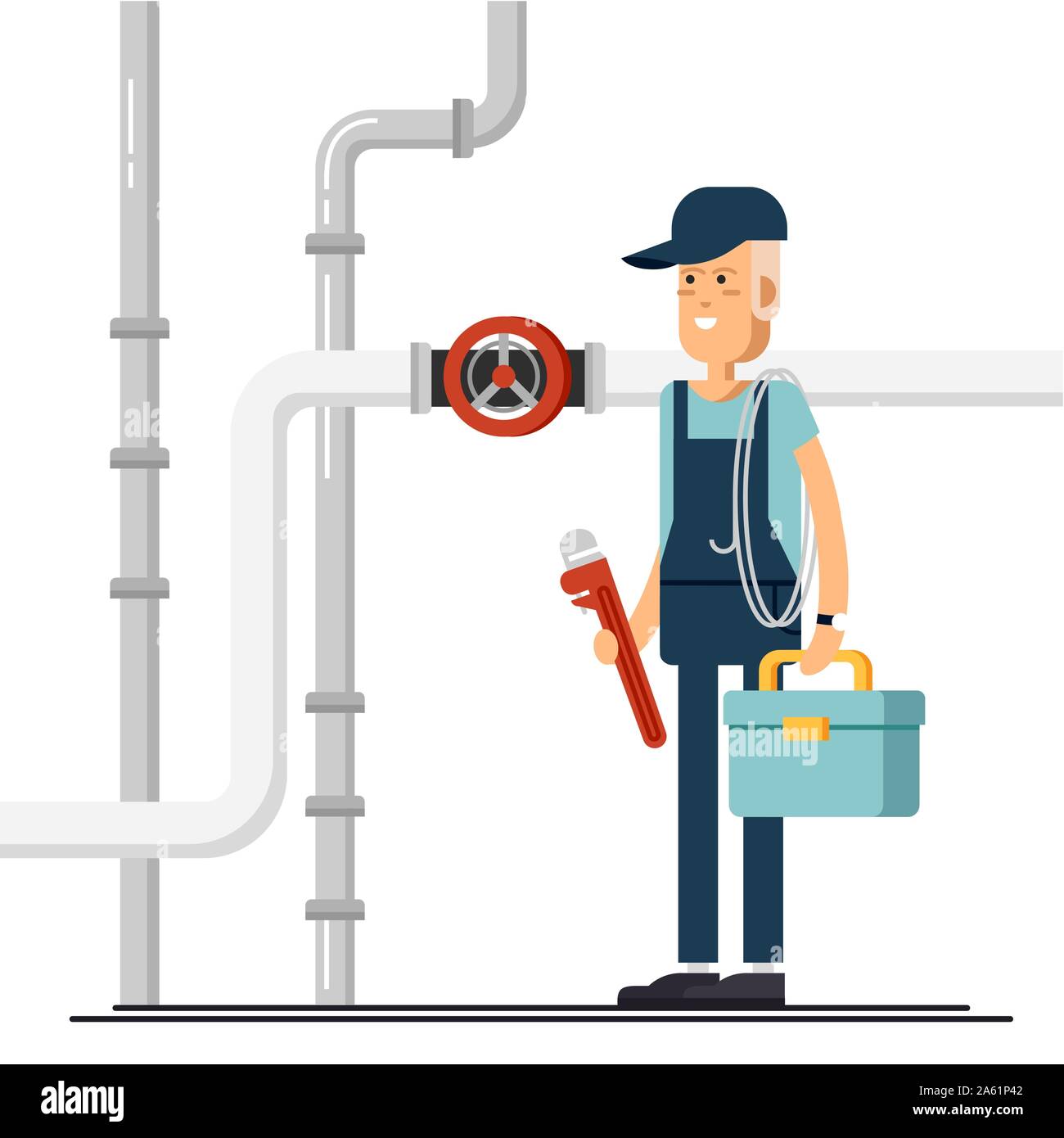 Cool vector plumber male character standing holding tool box and