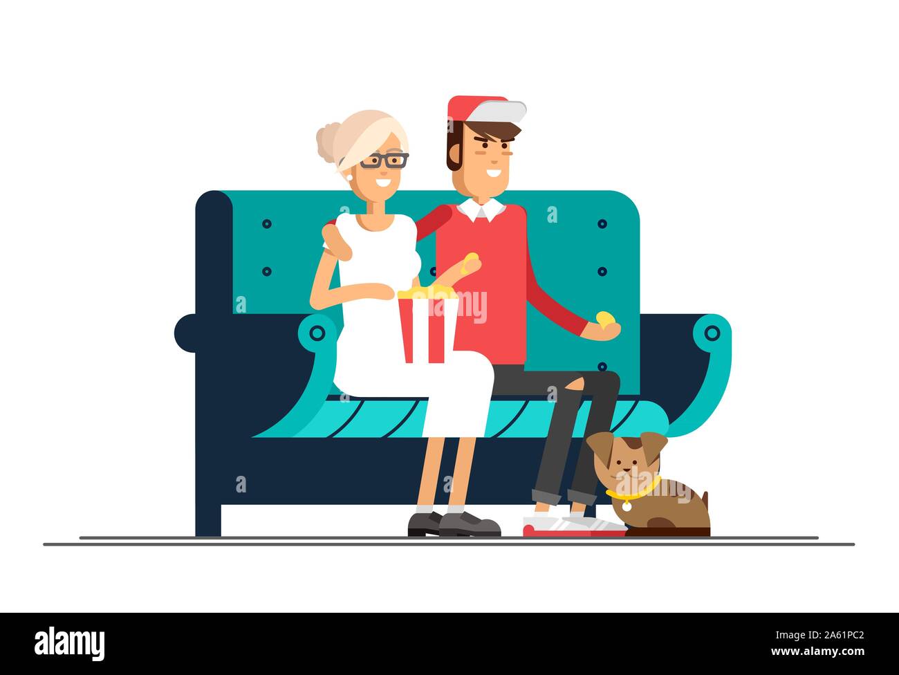 Young couple watching a movie. Man and woman sittin on cozy sofa against the TV in the home atmosphere and near sitting their dog. Vector illustration Stock Vector