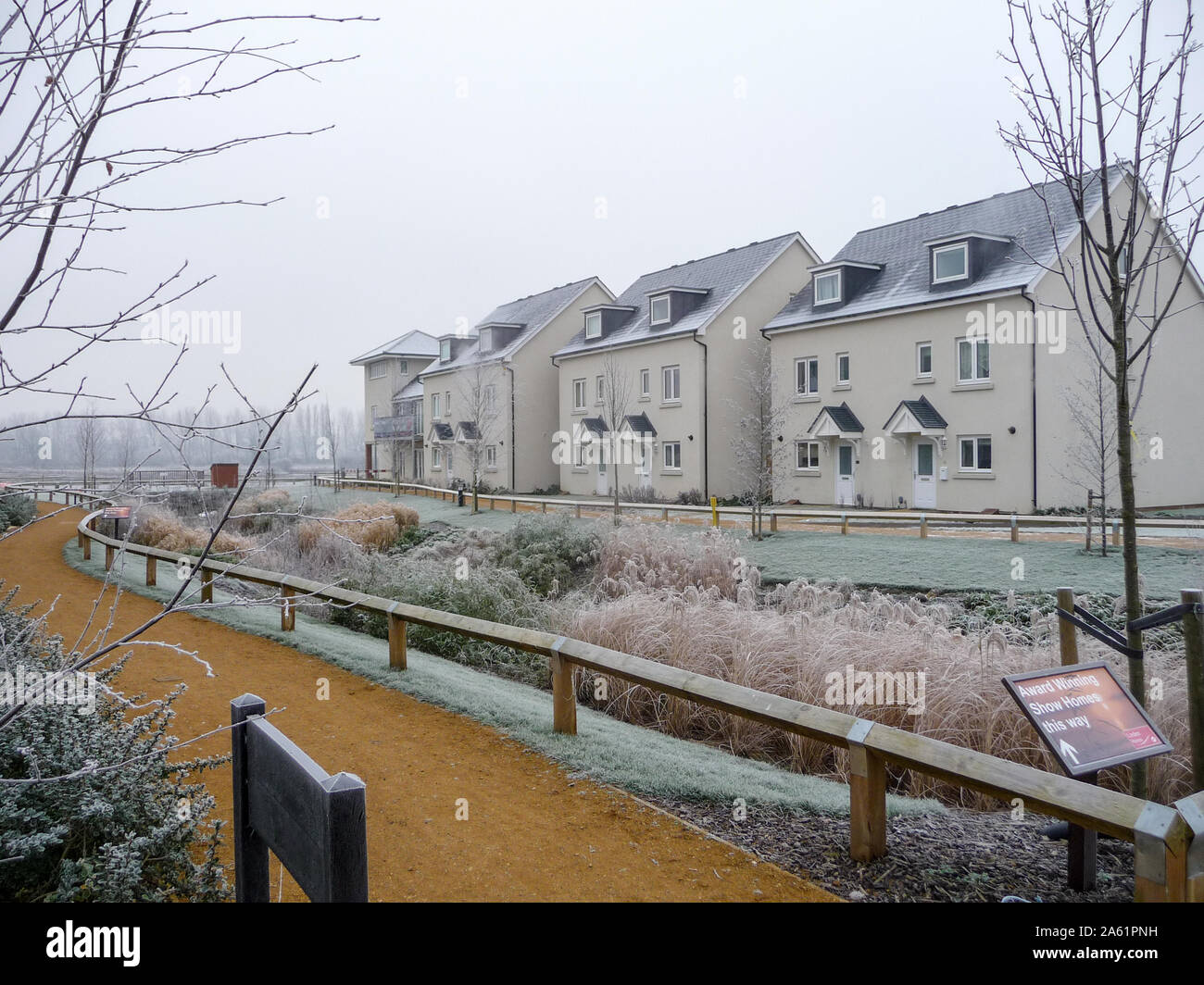 Houses on the 'reedbeds' at the Watercolour housing development between Merstham and Redhill in winter, Surrey Stock Photo