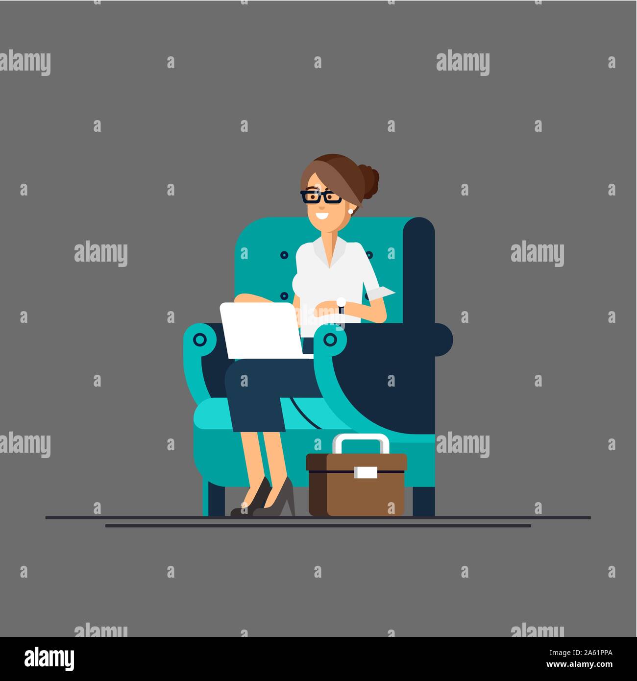 Young adult woman working at home vector concept illustration. Freelancer female character working from home with laptop sitting in cozy armchair with Stock Vector